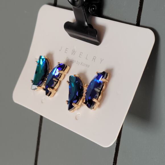 Blue Green Crystal Butterfly Stud Earrings Set of Korea Design, Gift Bag - Picture 7 of 14